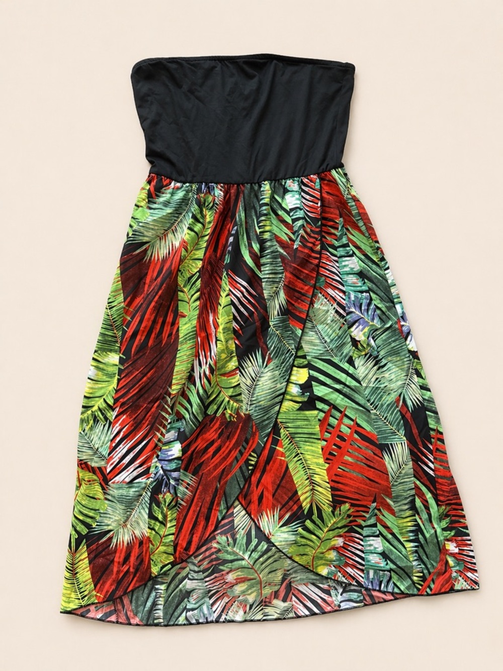 3/$20 Strapless Dress with Red & Green Tropical Leaf Print - Sundress for Women